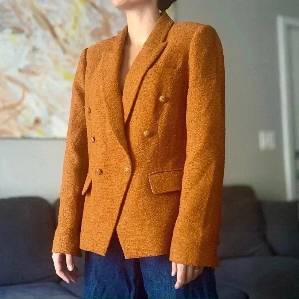 L'agence Kenzie Double-Breasted Tweed Blazer - Dark Caramel - Size 10